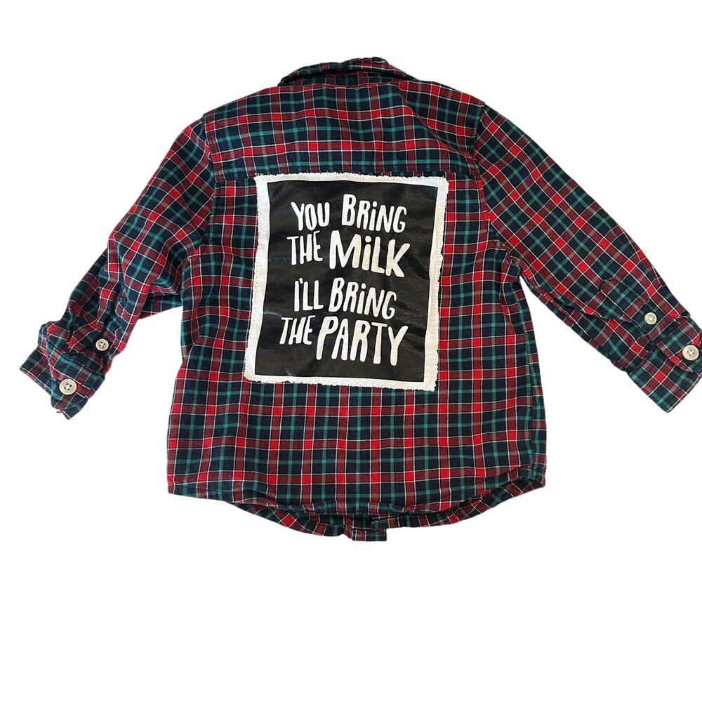 You Bring The Milk I'll Bring The Party Kids Plaid Button Down Shirt 12 M Unique